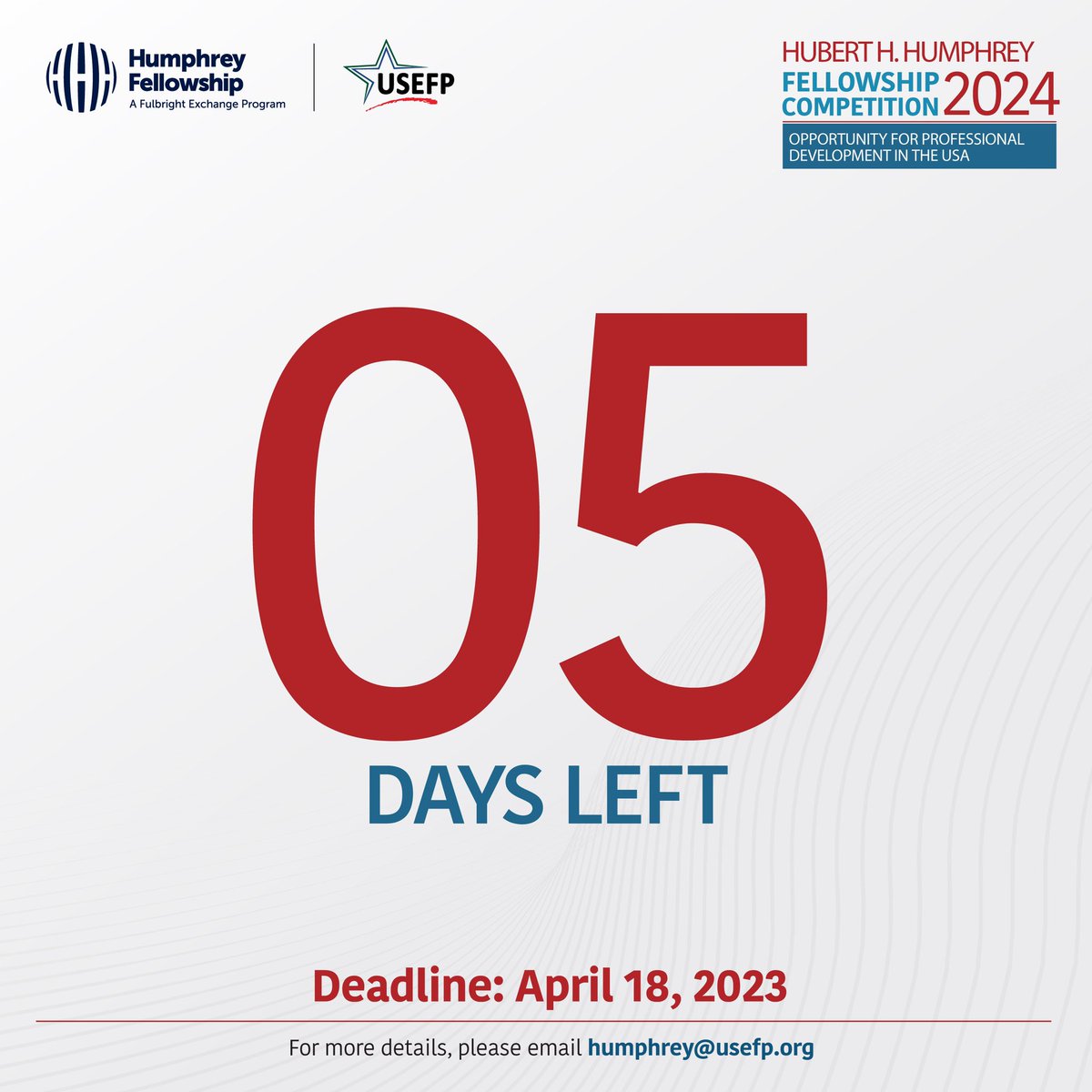 USEFP's tweet photo. Reminder: If you are applying for the Hubert H. Humphrey Fellowship Competition, now is the time to complete your application.

Should you have any questions about the application, please reach out to us at humphrey@usefp.org

#USEFP #Humphrey #Scholarship #USPAK #ExchangesAre https://t.co/3yOarcUPUF