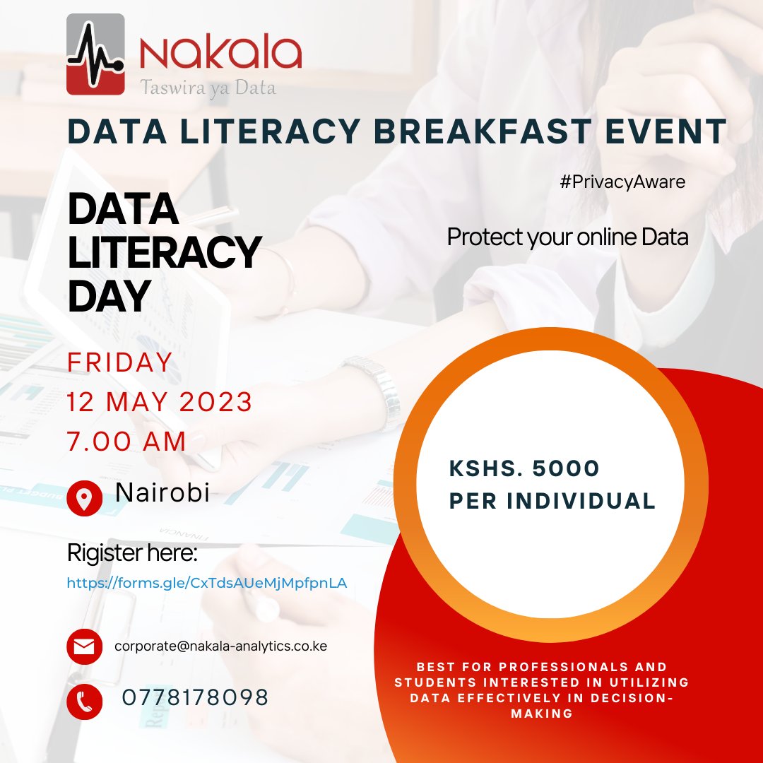 Join us for a Data Literacy Breakfast Event in Nairobi on May 12th,  2023! Enhance your data skills and learn from experts in the field.  Register now at forms.gle/CxTdsAUeMjMpfp… to secure your spot!
 #dataliteracy #DataPrivacy #dataprivacyday #dataaudit <a href="/NakalaAnalytic/">Nakala Analytics</a>