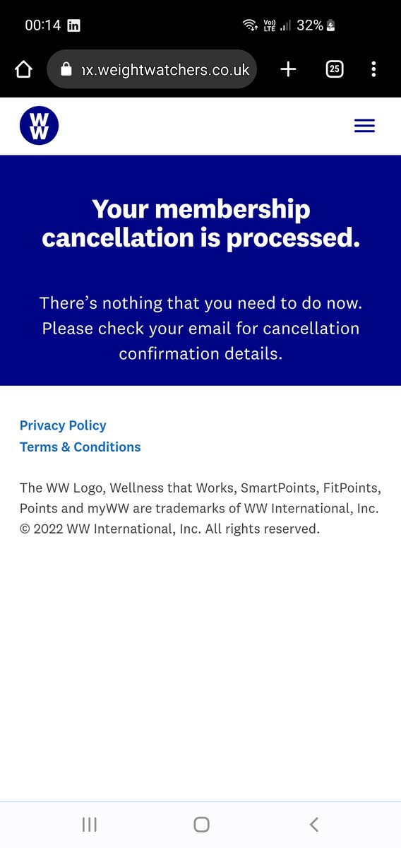 B_theBridge's tweet photo. @ww_uk why make it impossible to cancel membership. I cancelled online on 11 April see screenshot. No acknowledgment email and money came out today. My account still active. Times for customer service line are incorrect on the help page. https://t.co/KuWDDYol1U