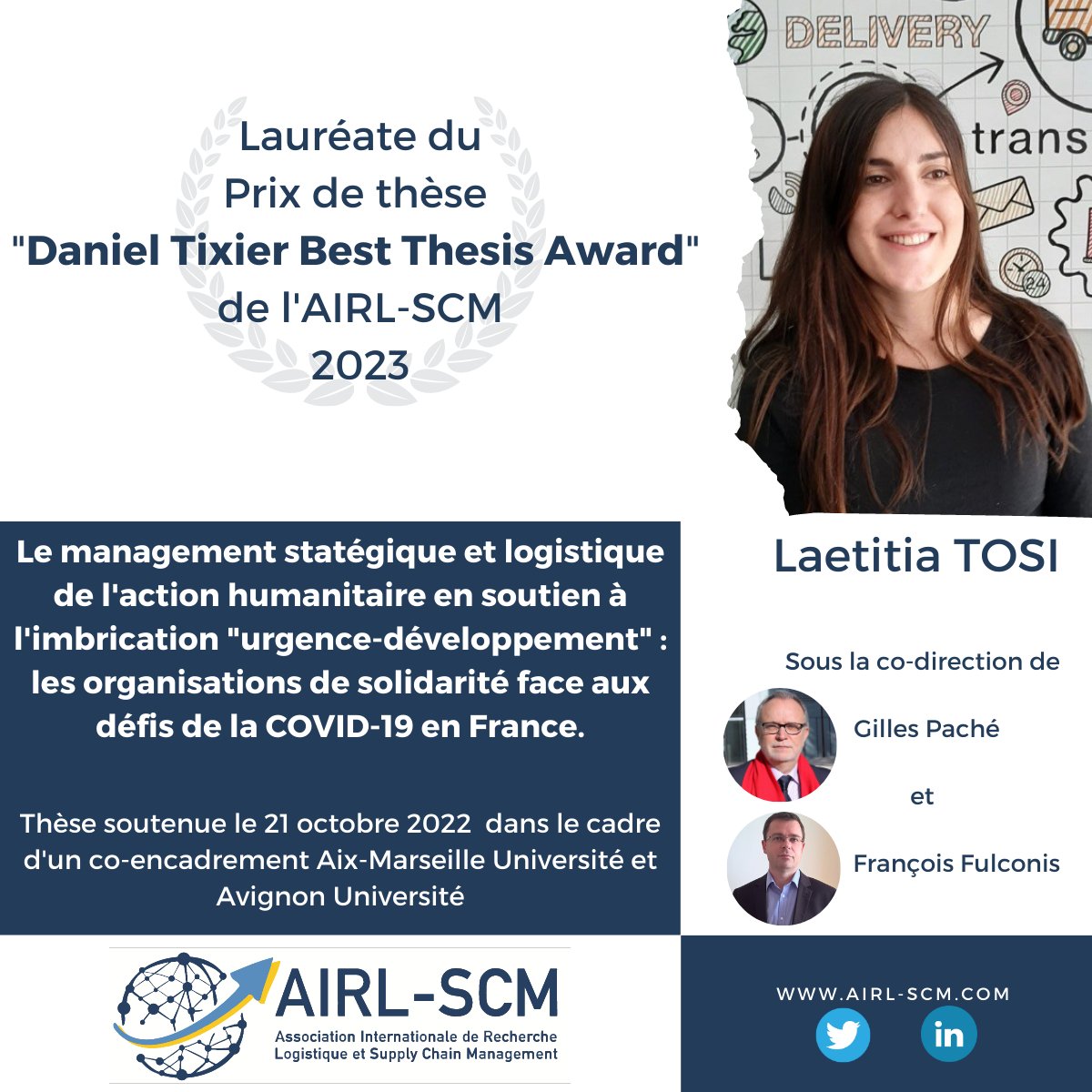 Après de longues délibérations le prix de thèse "Daniel Tixier Best Thesis Award" de l'<a href="/AIRL_SCM/">AIRL-SCM</a> est remis cette année à Laetitia Tosi pour sa thèse soutenue à @univamu et @UnivAvignon sous la co-direction de Gille Paché et <a href="/FulconisF/">FULCONIS François</a>. Bravo à elle qui est maintenant à <a href="/KedgeBS/">KEDGE Business School</a>