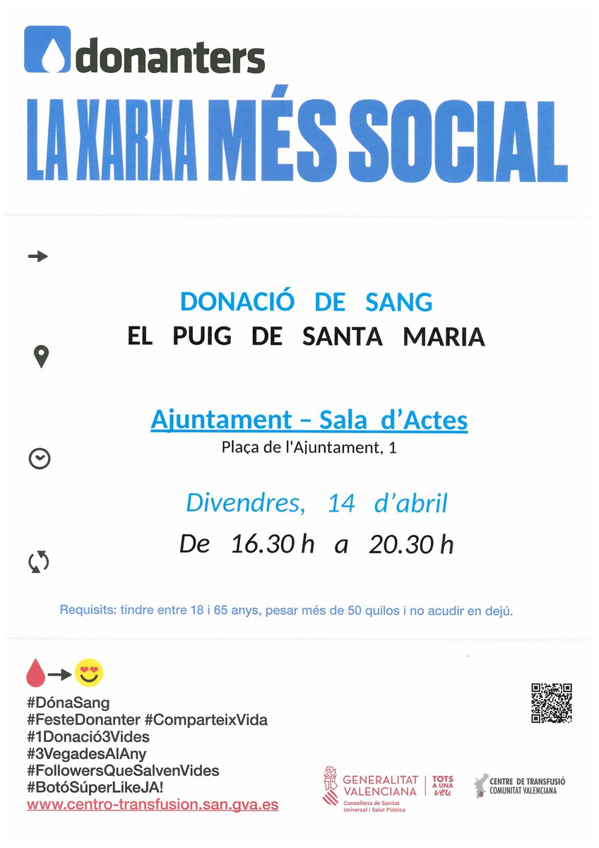 CliCanLi's tweet photo. Tens dies lliures? no tens excusa per vindre a #DonarSang. Ajuda'ns a salvar vides Tu eres important, tu pots #Salvar3vides Tienes días libres? no tienes excusa para venir a #DonarSangre Ayúdanos a salvar vidas Tú eres importante, tú puedes #Salvar3vidas.💞💞💞 @ajunt_elpuig https://t.co/GSQjAgyGwt