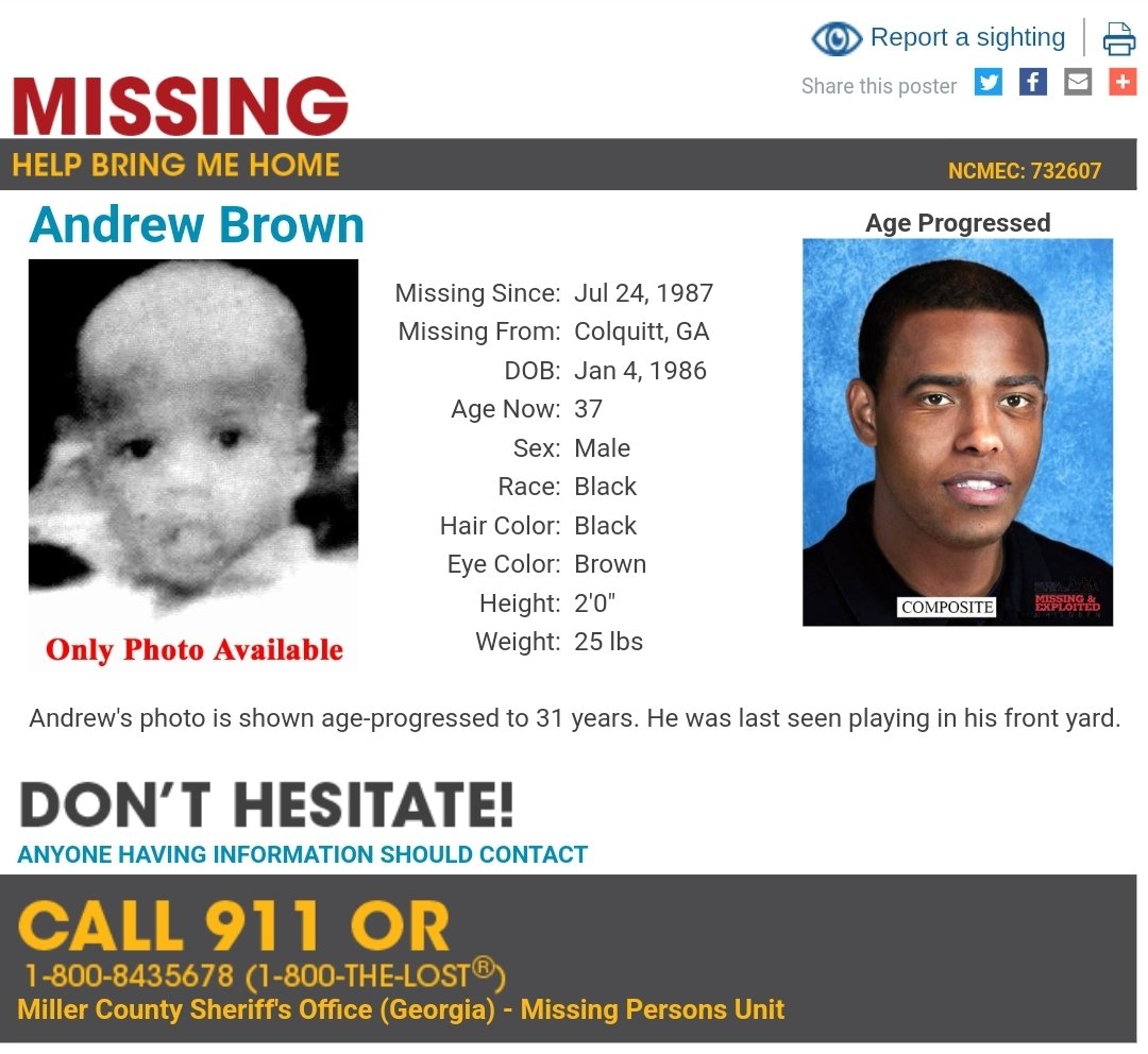 OwlEyes4Missing's tweet photo. 🚨 MISSING 🚨
#AndrewBrown
#Colquitt #Georgia
#MISSING #MissingPerson
Please Share!!! https://t.co/hsmDhXbpha