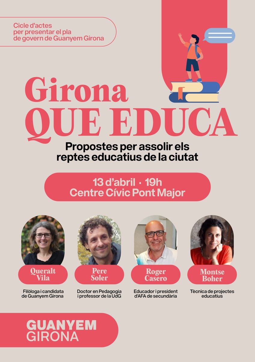 GuanyemGirona's tweet photo. 🙋‍♀️🙋‍♂️Tornem de Setmana Santa amb un abril carregadíssim d'actes.

Seguiu el fil per tenir clares les 9 activitats que organitzarem en les properes dos setmanes.

🎒Comencem avui amb l'acte per fer una #GironaQueEduca al Centre Cívic Pont Major. https://t.co/hqBtl1Ia8C