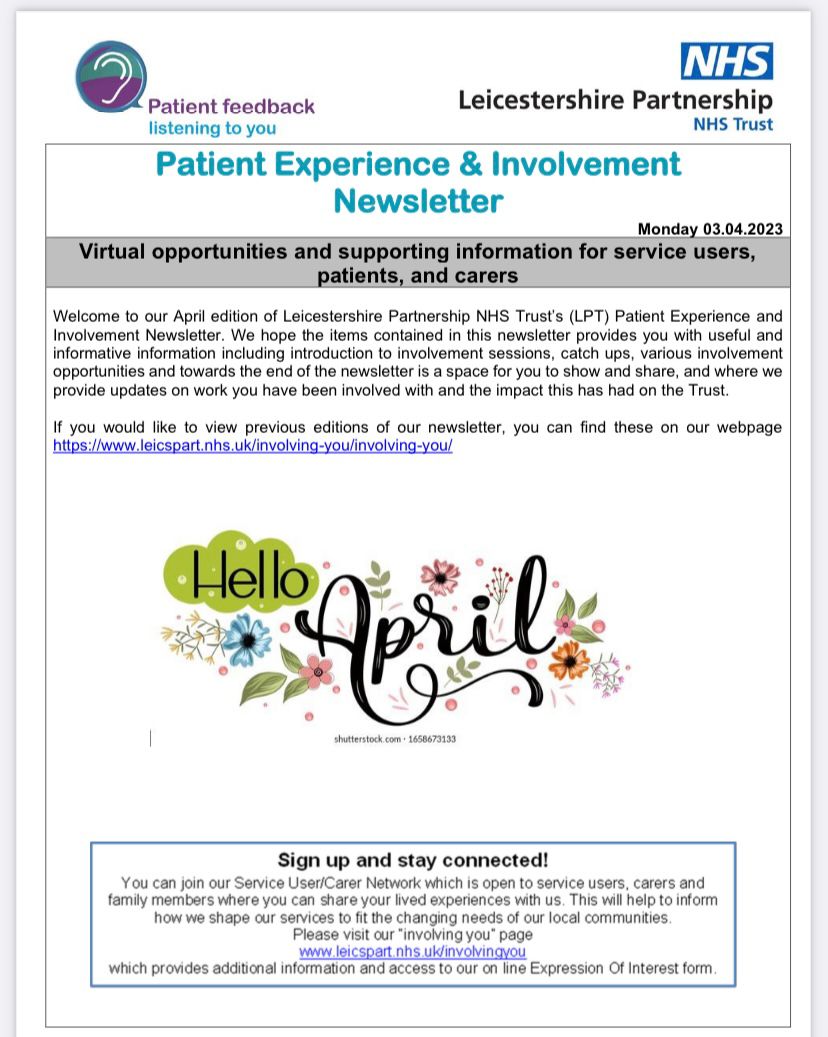 April's Patient Experience & Involvement Newsletter is out, find out about opportunities & updates from previous projects #WeareLPT leicspart.nhs.uk/wp-content/upl…