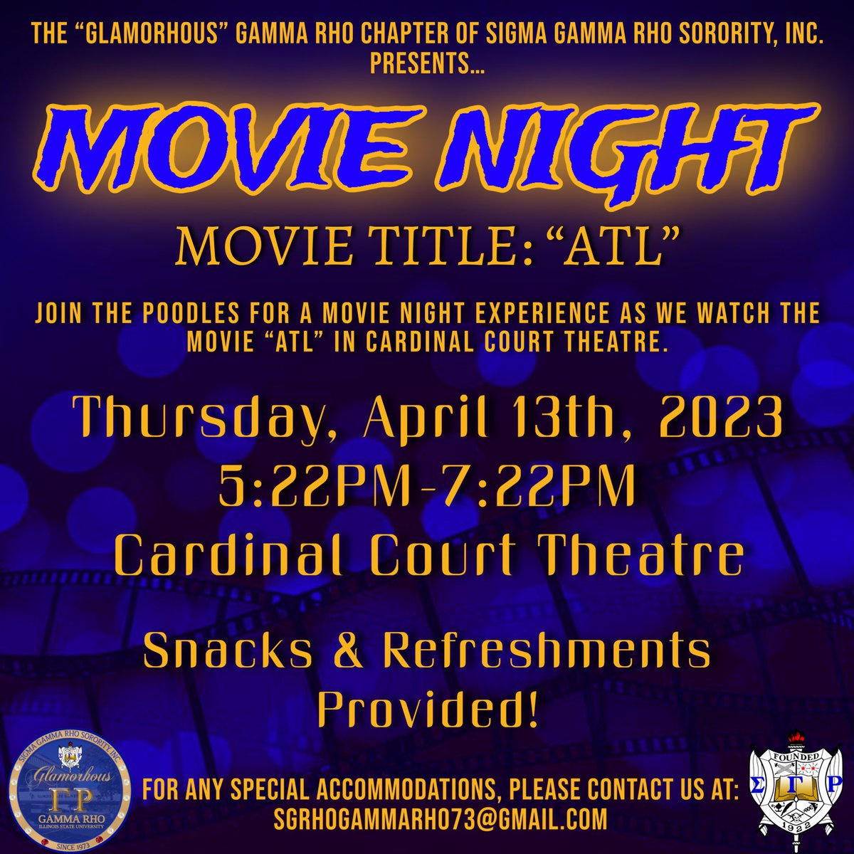 Sigma_GammaRho's tweet photo. Come out & join the Poodles for a “Movie Night” experience tomorrow night in Cardinal Court Theatre🎥.
We will be watching ATL promptly at 5:22PM, and snacks will be provided💙💛.
We hope to see everyone there🫶🏽!
#SGRhoWeek #MovieNight #GlamorousGammaRho #SGRho #SigmaGammaRho https://t.co/pNwL4u49zF