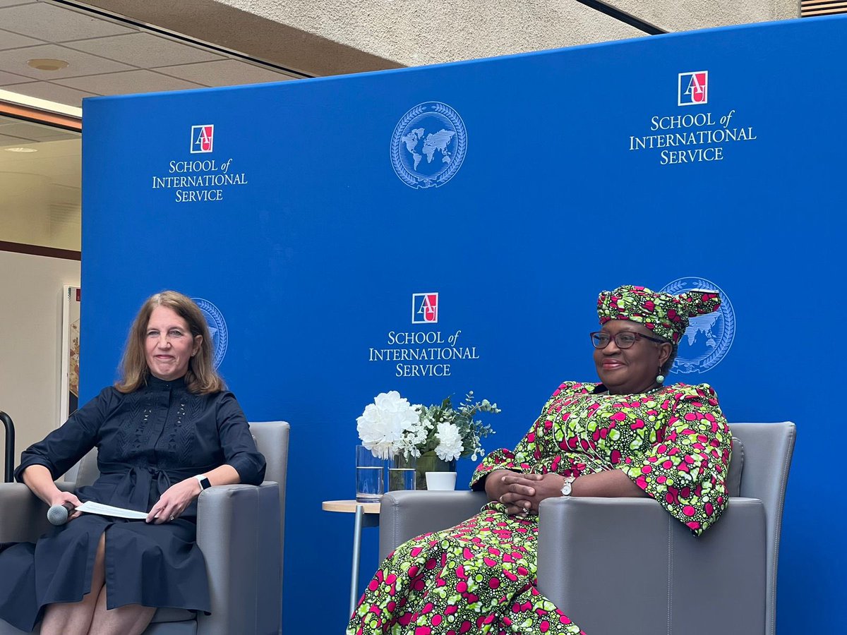 NOIweala's tweet photo. With American University President @SylviaBurwell in a fireside chat @AU_SIS School of Foreign Service. Focusing on the role &amp; health of the Multilateral Trading system in a world of geopolitical tensions. Honoured to see an unveiling of my portrait! Thanks AU! Also w/ @RBKoopman https://t.co/Dpir7vK1xy