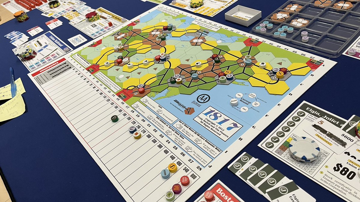 Another multi-day 1817 affair. Not many shorts and the difference between 1st and 2nd place was less than $70. 

#traingames #economicgames #18xxgames #boardgames #boardgamesofinstagram #tabletopgaming #tabletopgames #tabletop #ccmf