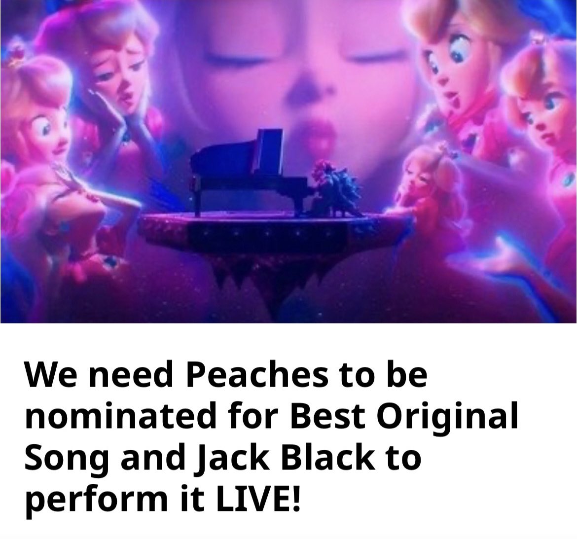 Giuliana (@iamgiuli) on Twitter photo Si quieres que “Peaches” 🍑 sea nominada a un Oscar y tocada en vivo por Jack Black en la ceremonia, apóyame y FIRMA esta petición! 🤘🏼🔥
Firma aquí: chng.it/5ksbnLzk 🍑
#Peaches #JackBlack #TheSuperMarioBrosMovie #Nintendo
<a href="/jackblack/">Jack Black</a> <a href="/NintendoLatam/">Nintendo Latinoamérica</a> <a href="/supermariomovie/">The Super Mario Bros. Movie</a> Si quieres que “Peaches” 🍑 sea nominada a un Oscar y tocada en vivo por Jack Black en la ceremonia, apóyame y FIRMA esta petición! 🤘🏼🔥
Firma aquí: chng.it/5ksbnLzk 🍑
#Peaches #JackBlack #TheSuperMarioBrosMovie #Nintendo
<a href="/jackblack/">Jack Black</a> <a href="/NintendoLatam/">Nintendo Latinoamérica</a> <a href="/supermariomovie/">The Super Mario Bros. Movie</a>
