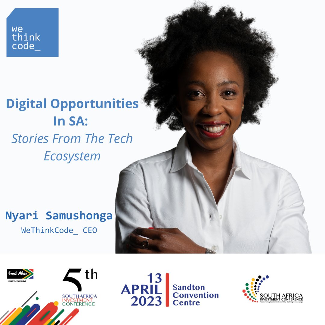 wethinkcode's tweet image. Join #WeThinkCode CEO, Nyari Samushonga alongside fellow experts as they discuss Digital Opportunities in South Africa at the 5th South African Investment Conference.
Stream the conference live today from 8:30 a.m: bit.ly/3KzM63Q
#SAIC2023 #InvestSA #Tech #Digital