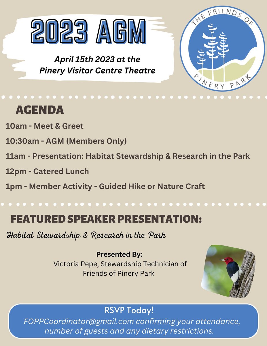 The Friends of Pinery Park, AGM - Saturday, the 15th of April at 10:30am. You must be a current FOPP member in good standing to be able to attend. Please register and RSVP to this event by emailing: foppcoordinator@gmail.com
Please note non-member guests are welcome from 11am.