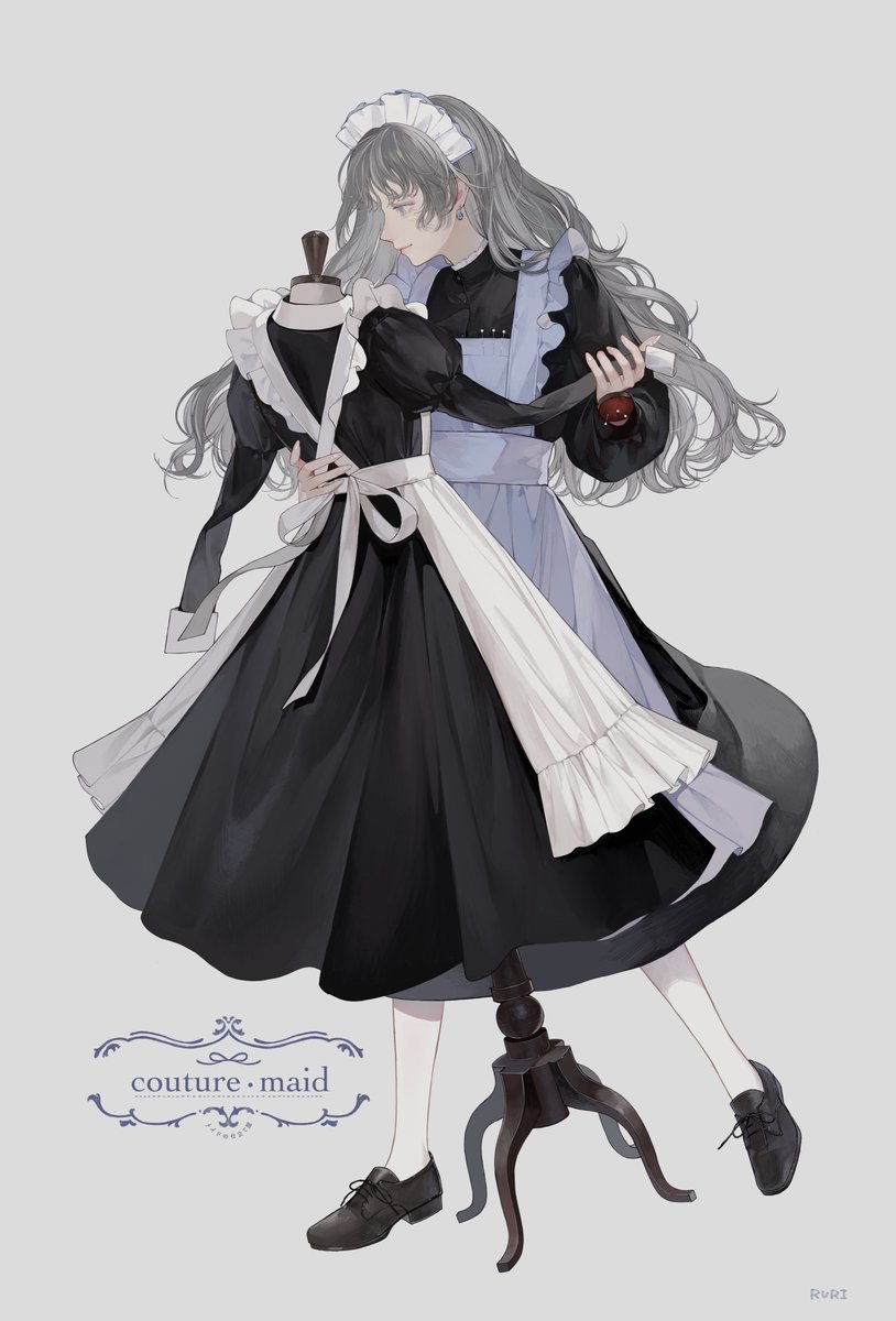 maid maid headdress apron long hair dress black dress grey hair  illustration images