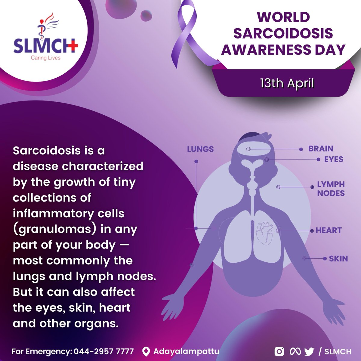 World Sarcoidosis Awareness Day

Check our blogs for more details: blog.slmch.ac.in/2023/04/13/wor…

#SLMCH #srilalithambigai #Medical #chennai #sarcoidosis #sarcoidosisawareness #lungs #lymphnodes #eyes #skin #asthma #immune #system #cells #breathingissues #healthylife #medical #consult