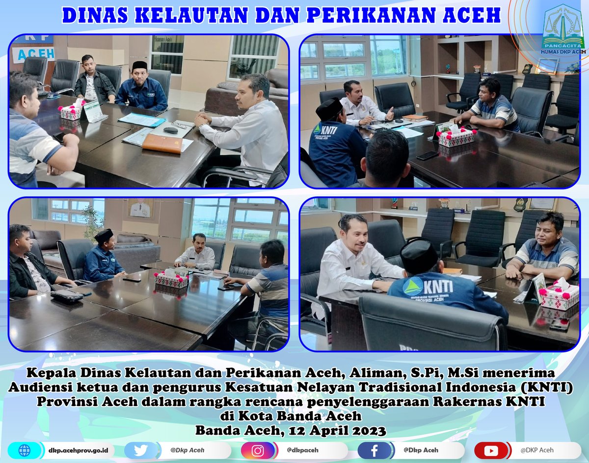 DkpAceh's tweet photo. Kepala Dinas Kelautan dan Perikanan Aceh, Aliman, S.Pi, https://t.co/ayo1q7ZgQr menerima Audiensi ketua dan pengurus Kesatuan Nelayan Tradisional Indonesia (KNTI) Provinsi Aceh
Banda Aceh, 12 April 2023
#KadisDKPAceh
#KNTIAceh
#NelayanAceh
#PelabuhanPerikanan
#RakernasKNTI2023 https://t.co/z5NLE1YJzn