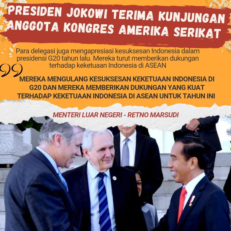 Jokowi Terima Kunjungan Anggota Kongres Amerika Serikat 
<a href="/Menlu_RI/">Menteri Luar Negeri Republik Indonesia</a> <a href="/Kemlu_RI/">MoFA Indonesia</a> 
#KerjaSamaIndonesiaAS 👍