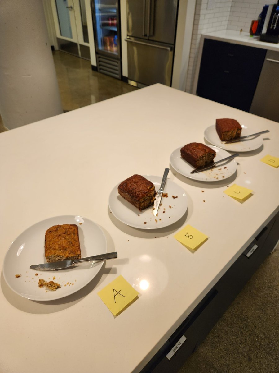 mvpatel2000's tweet image. Evaluating LLMs is really hard! At @MosaicML, we rigorously benchmark models by asking for vegan* banana bread recipes, baking them, and ranking on taste

*we currently do not penalize for responding with non-vegan, but this will change in future