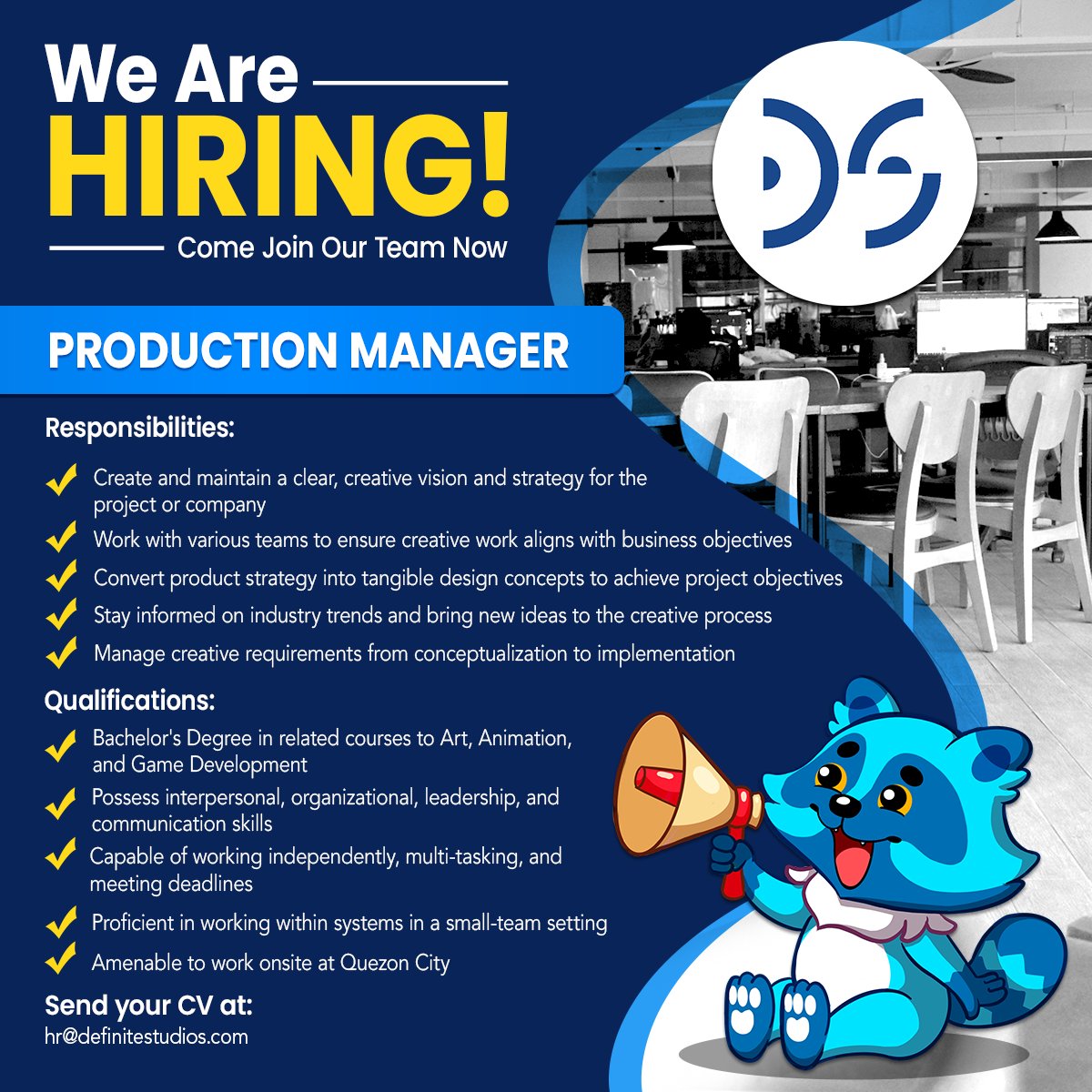 definitestudios's tweet photo. Are you up to the challenge of defying the limits of gaming and imagination?

Send us your resume at hr@definitestudios.com, and we're definitely excited to review your application!

#definitestudios #hiring #jobopportunity #production #businessdev #art #animation #training https://t.co/Js2O26XNsG
