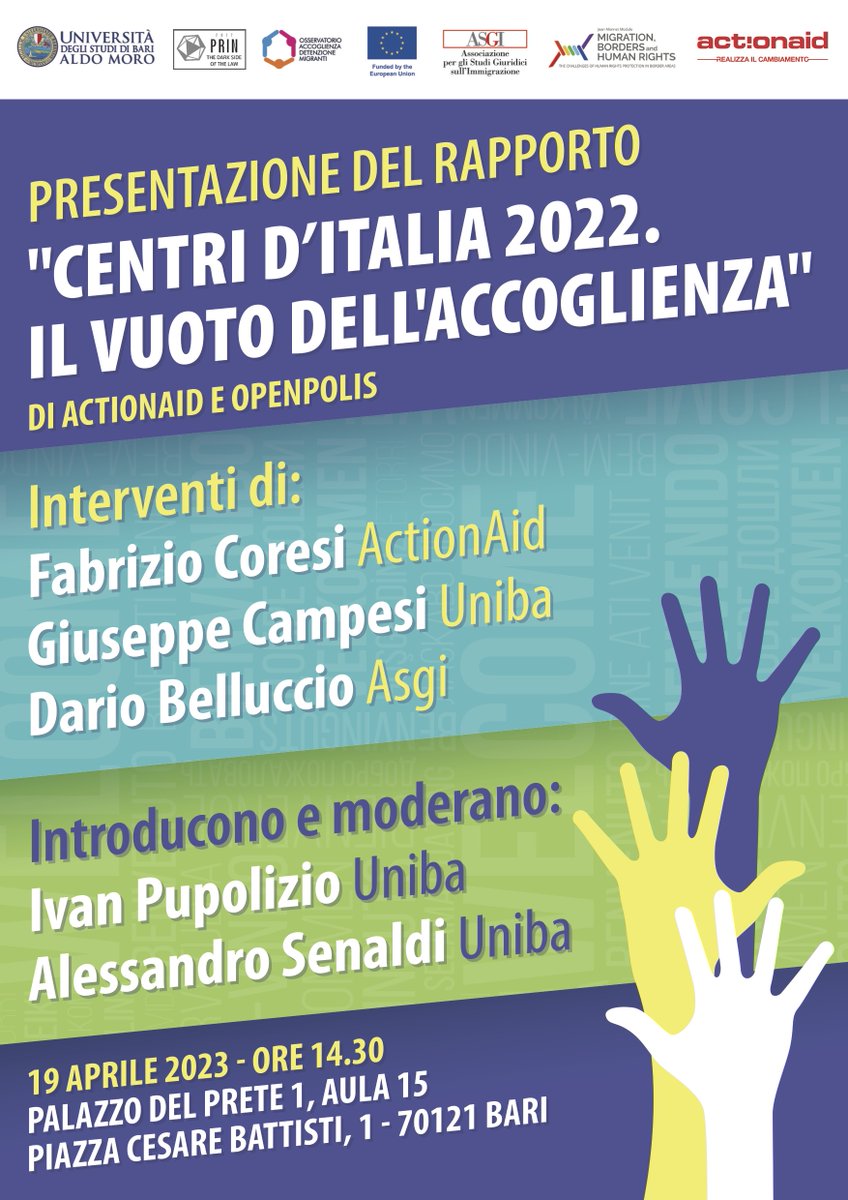 Il prossimo 19 aprile presentiamo il rapporto <a href="/ActionAidItalia/">ActionAid Italia</a> su #accoglienza

L'evento è organizzato in collaborazione con i colleghi del Dipartimento di Giurisprudenza della <a href="/unibait/">Uniba.it Aldo Moro</a> Ivan Pupolizio e Alessandro Senaldi e la partecipazione di <a href="/asgi_it/">ASGI</a>