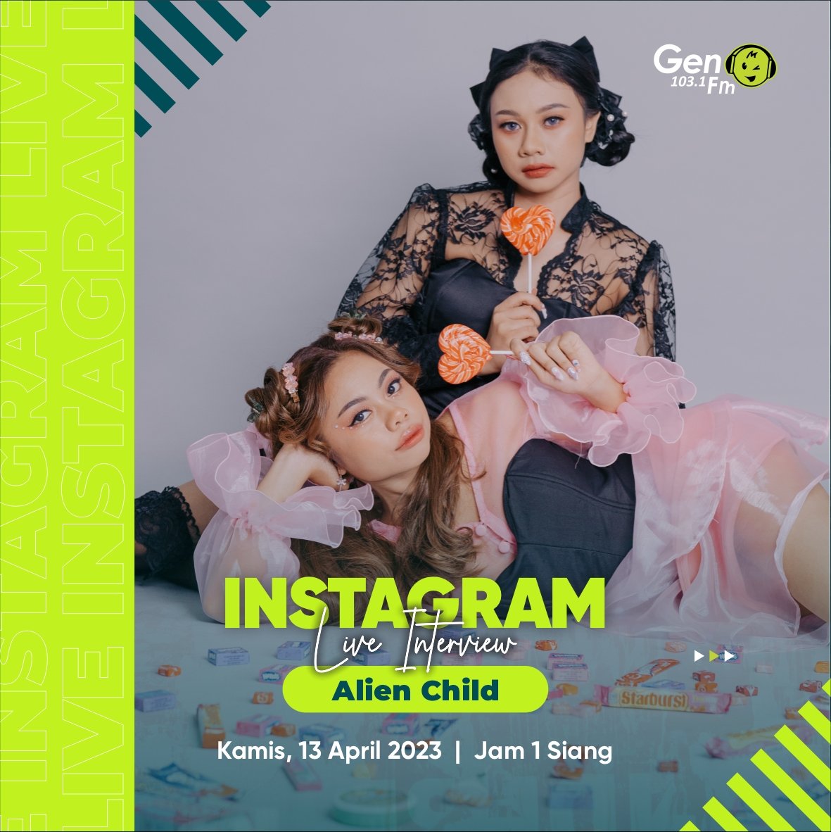 gen1031fmsby's tweet photo. sobat GEN, Alien Child comeback lewat single 'Starburst'. Lagu ini enak banget sob, soalnya terinspirasi dari ABBA, BIBI, dan Rosalia. 

Mau tau cerita lengkapnya kayak gimana? Ntar join live instagram @gen1031fmsby jam 1 siang ya! 

#gen1031fmsby #alienchild https://t.co/N6S2a7ck33