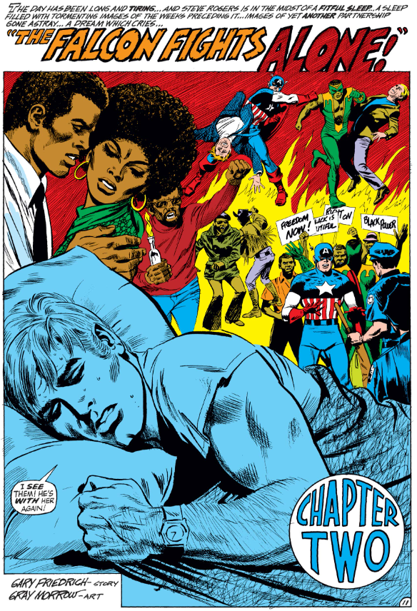 MarvelADay's tweet photo. #MarvelADay #Cap144 Gray Morrow didn't do a lot of work for Marvel, but he worked on a wide variety of books. Back in Savage Tales #1, he drew the first appearance of the Man-Thing; he drew the lead story in My Love #14; and here, he gives us a Falcon solo story. - JRW https://t.co/GgOgZ18KIe