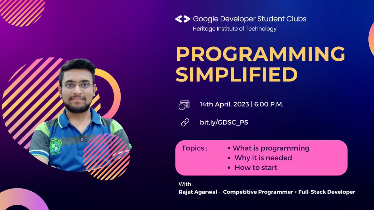 gdg_hitk's tweet photo. We are very glad 😊 to introduce you to a new session "Programming Simplified"

Rajat Agarwal (Competitive Programmer✨, secured Global rank 56 in TCS CodeVita '22 ) will demonstrate you how to approach real-life problem solving that helps us get a task done ✅ efficiently 

👇🧵 https://t.co/rCzMs6x9bZ