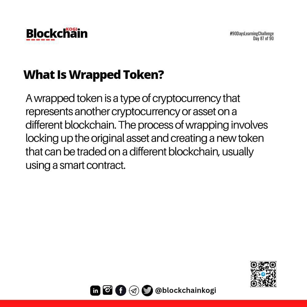 theXoulomon's tweet photo. Wrapped tokens represent an underlying asset, which can be a cryptocurrency, a traditional asset, or even a non-fungible token (NFT).|| Day 87 Of 90 || @BlockchainKogi #90DaysLearningChallenge #BlockchainKogi #Nigeria #Africa https://t.co/er9K4CrKeL