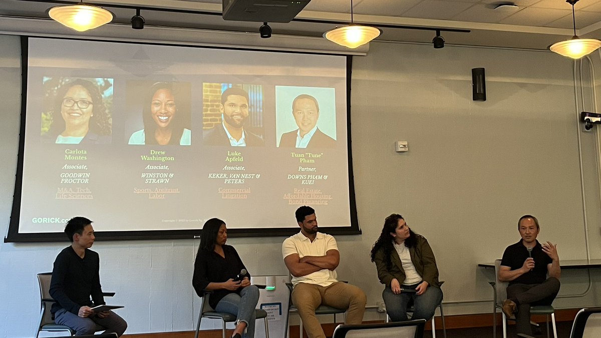 BerkeleyLawCDO's tweet photo. Such an inspiring talk from @GorickNg about the unwritten rules of the professional workplace followed by an all star alumni panel - Luke Apfeld, Drew Washington, Tuan Pham and Carlota Montes! https://t.co/hDuQmU71BI