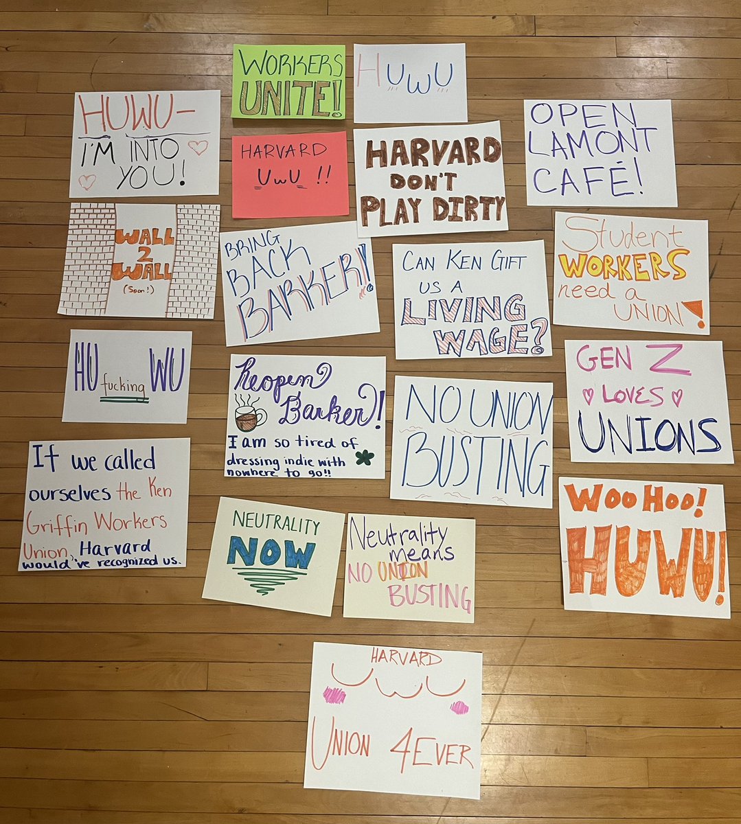 some signs we made tonight at our postermaking session - see you at the rally on friday!! 2pm at the john harvard statue in harvard yard!