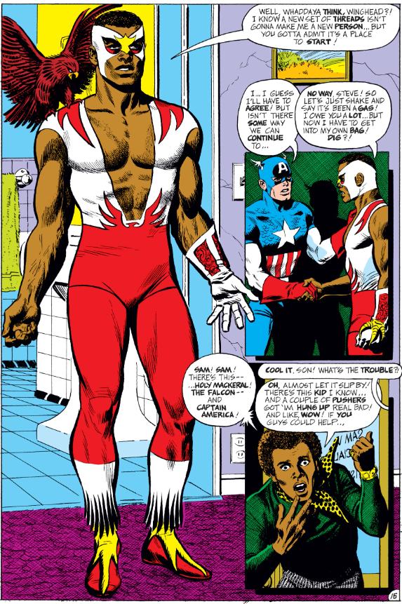 MarvelADay's tweet photo. #MarvelADay #Cap144 New costume alert! The Falcon's new duds appeared on the cover of Captain America #143, but this is their first appearance in a story. - JRW https://t.co/9u0RKh6jbn