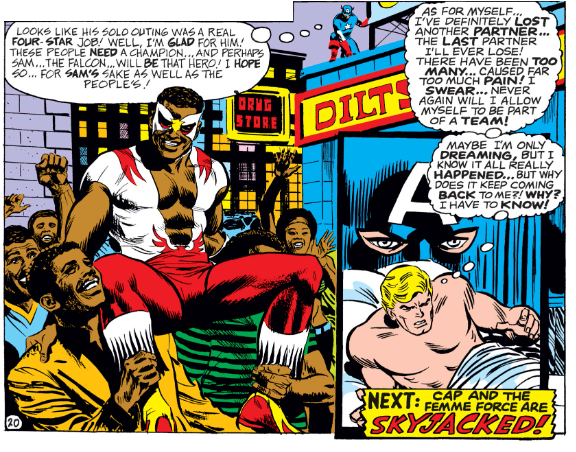 MarvelADay's tweet photo. #MarvelADay #Cap144 The story ends with a weird combo of "was it all a dream?" and "this is the end of a partnership" and "I'll never work with anyone again," none of which makes any sense. Note the art assist by John Romita on the final panel. https://t.co/rGD0QgUzgo