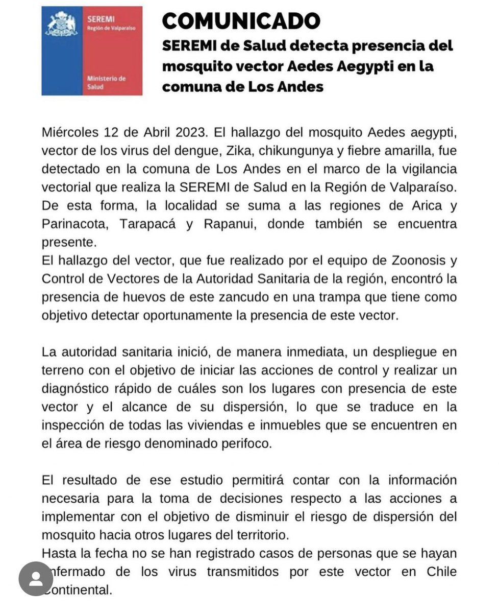 RWeinborn's tweet photo. Aedes aegypti vector de enfermedades como Zika, Dengue y Fiebre amarilla…. Se encontró en Los Andes-Valparaíso https://t.co/nzGnasJqSM