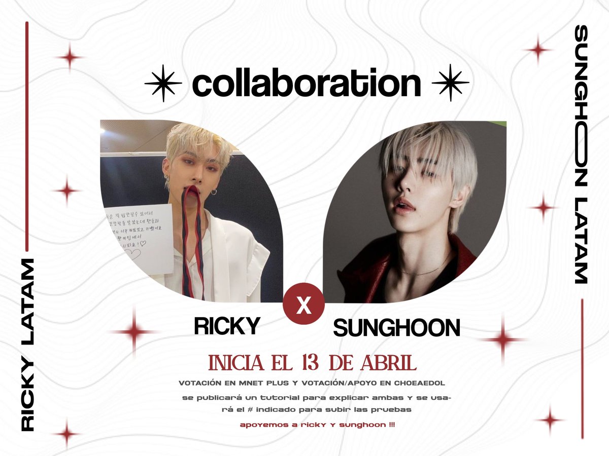 RickyLatam's tweet photo. (🚨) RIYANGIS! Nos complace anunciar nuestra colaboración junto a @SUNGHOON_LATAM la cual será un intercambio de votos para apoyar a Sunghoon en CHOEAEDOL y a Ricky en Mnet Plus. Para más info, revisar este hilo! 

— El ht que se usará es: #RICKYxSUNGHOON 
━━━━━━━━━ https://t.co/fSSnIuZPiV