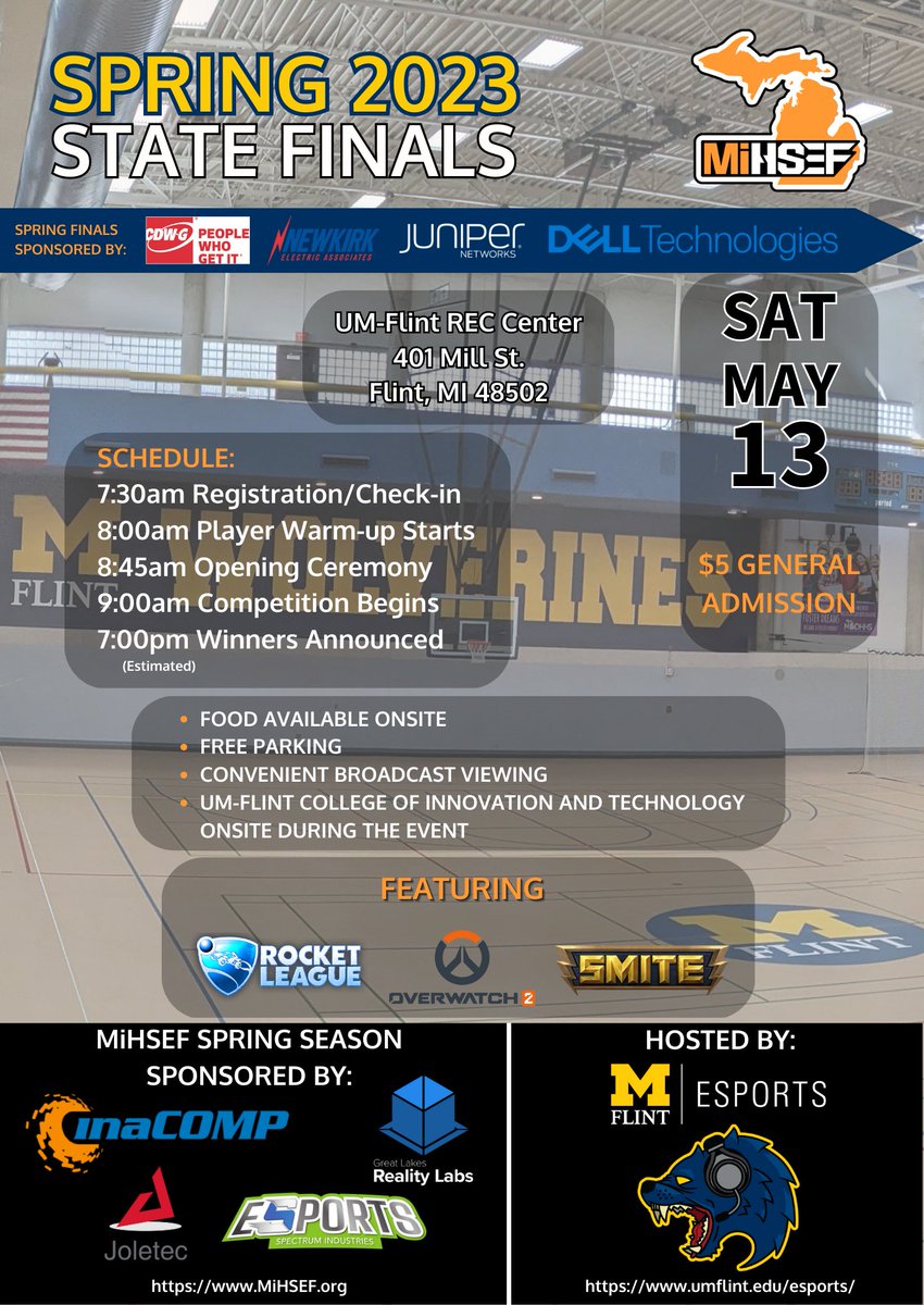 MiHSEF's tweet photo. We are looking forward to joining @UMF_Esports on the UM-Flint campus Saturday, May 13, for our spring season finals event!

You are invited to check out the action and cheer on some of the best high school Rocket League, Overwatch, and SMITE players in the state! https://t.co/uobzEuNAJu
