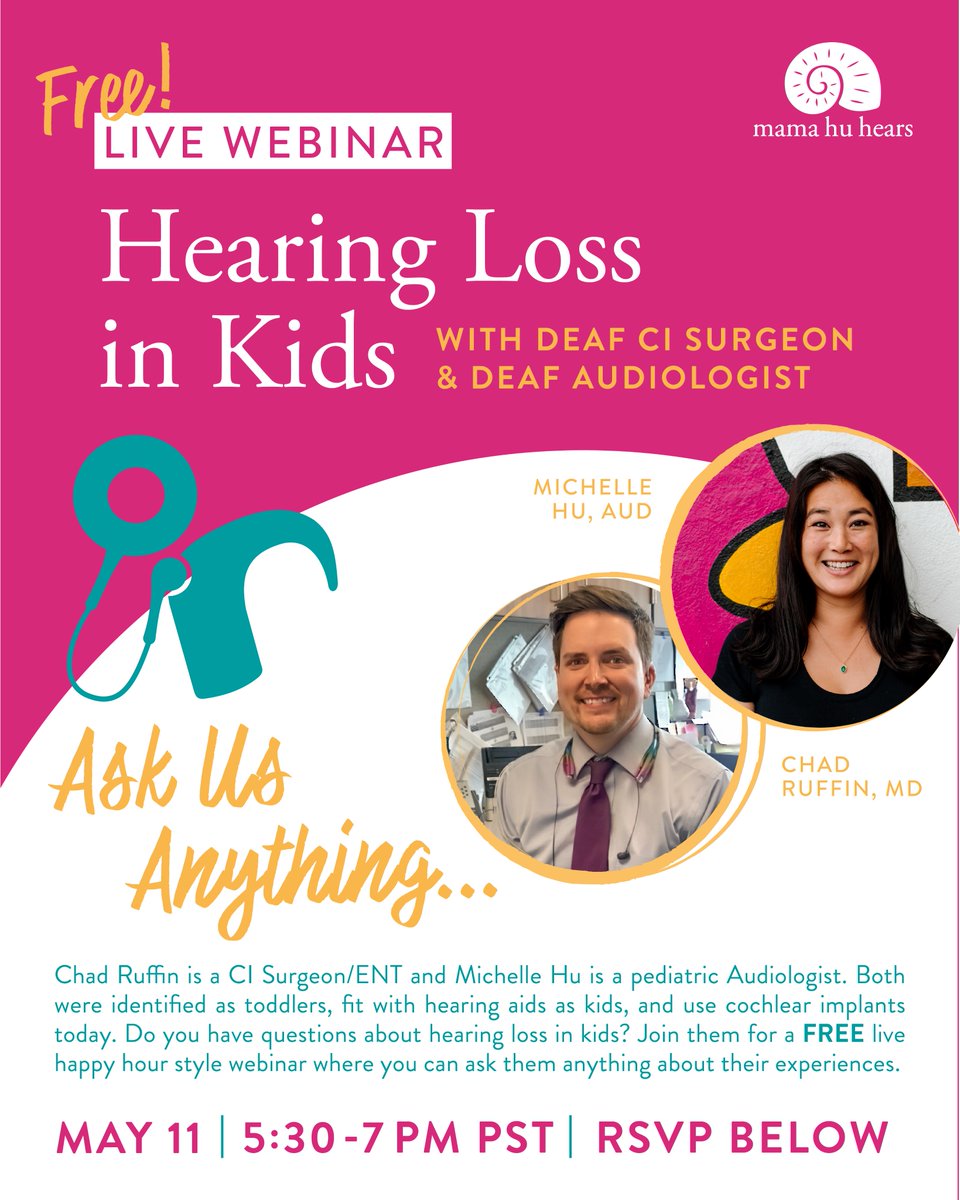 ChadRuffinMD's tweet image. Both Dr. Hu and Dr. Ruffin were born deaf, received cochlear implants, and went on to become an audiologist and ear surgeon. Come learn about our experiences and ask your own questions about hearing loss in kids. chadruffinmd.com/events/ask-us-…