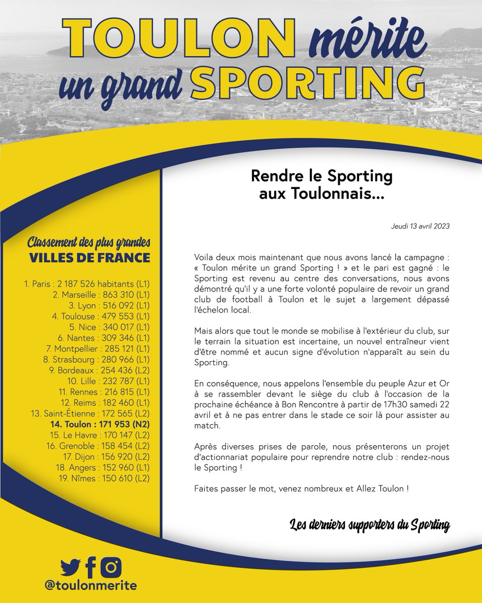 Les derniers supporters appellent à un rassemblement devant Bon Rencontre lors du prochain match le 22 avril à 17h30 et à ne pas entrer dans le stade ce soir là. Prises de parole et projet d'actionnariat populaire au programme. <a href="/toulonmerite/">Toulon mérite un grand Sporting</a>  un grand <a href="/sportingtoulon/">Sporting Club Toulon</a>  !

#Toulon