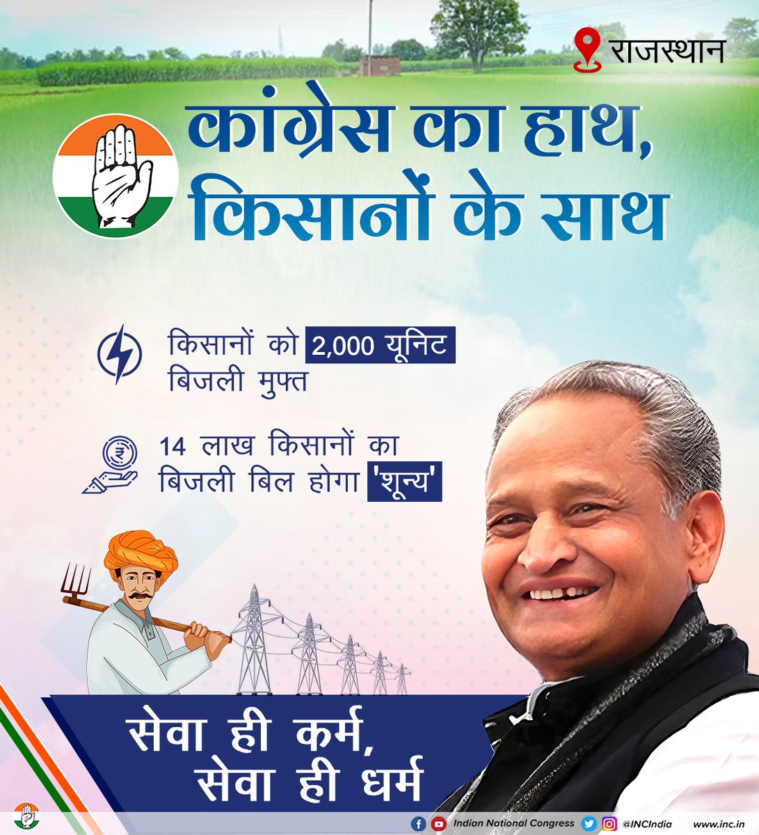 INCIndia's tweet photo. मॉडल स्टेट राजस्थान में कांग्रेस सरकार ने किसानों को बनाया सशक्त

• किसानों को 2,000 यूनिट फ्री बिजली 

• 14 लाख किसानों का बिजली बिल होगा 'शून्य'

कांग्रेस का हाथ, अन्नदाता के साथ https://t.co/dX08MWN8k9