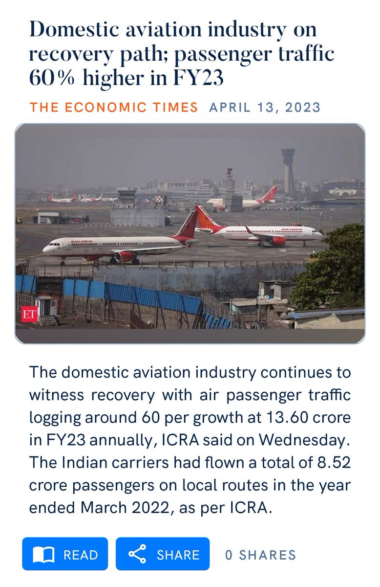 jamadar72's tweet photo. Domestic aviation industry on recovery path; passenger traffic 60% higher in FY23
https://t.co/BKy9PnnIbx https://t.co/OaqofMXwVc