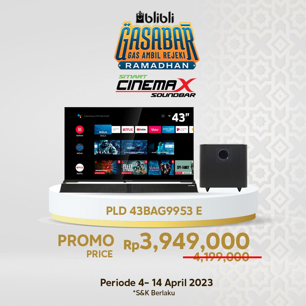 Rejeki Ramadhan Polytron x Blibli!
Dapatkan Diskon dengan Harga Terbaik untuk pembelian TV Polytron hanya di Bli-Bli selama periode 4 - 14 April 2023.
 
Syarat dan Ketentuan Berlaku