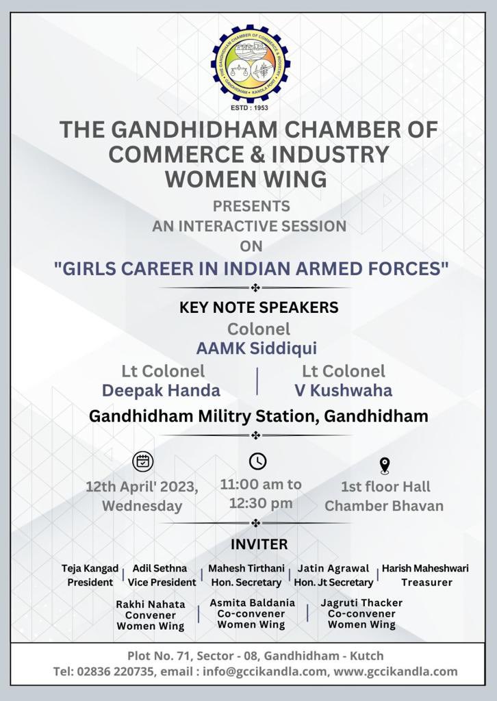 #FalconBrigade of #AgnibaazDivision organised an interactive session on career for Girls in #ArmedForces at Chambers of Commerce & Industry, Women Wing, #Gandhidham. The session received an overwhelming response from students & NCC Cadets.
 #WomenEmpowerment
#SudarshanChakraCorps