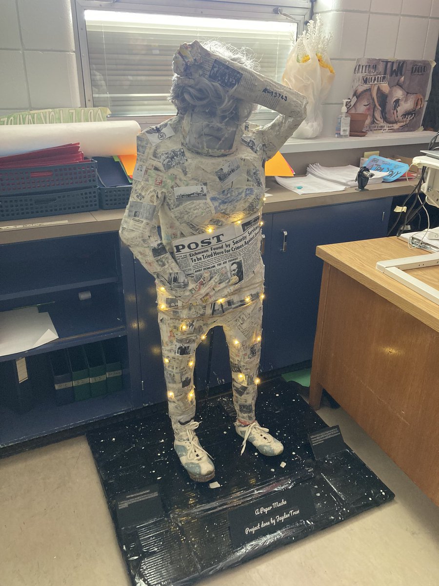 AmyMeiyee's tweet photo. First time I have ever had a student make a standing memorial for our Holocaust And WWII Unit #epic #grade8 #papermache https://t.co/KtmRTnSIjj