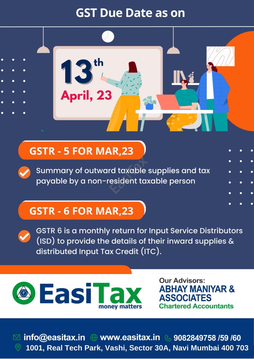 Due Dates of GSTR-5,GSTR-6 for March,2023
#GSTR5
#GSTR6
#gstr_filling_process
#13thMarch2023
#goodsandservicetax
#gstrfilling
#taxconsultant
#taxfillingservices
#taxconsultation
#taxplanning
#taxrefund
#GST
#taxpayers
#taxpayersmoney
#incometaxseason
#taxconsultant
#EasiTax