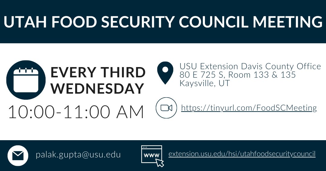 usu_hsi's tweet photo. Mark your calendars! Next Wednesday is the next Utah Food Security Council Meeting. We would love to see you there!
Learn more about the council here: https://t.co/oYdzEDkTZJ

#HungerSolutions #FoodSecurity https://t.co/Kh1WQDhwK0