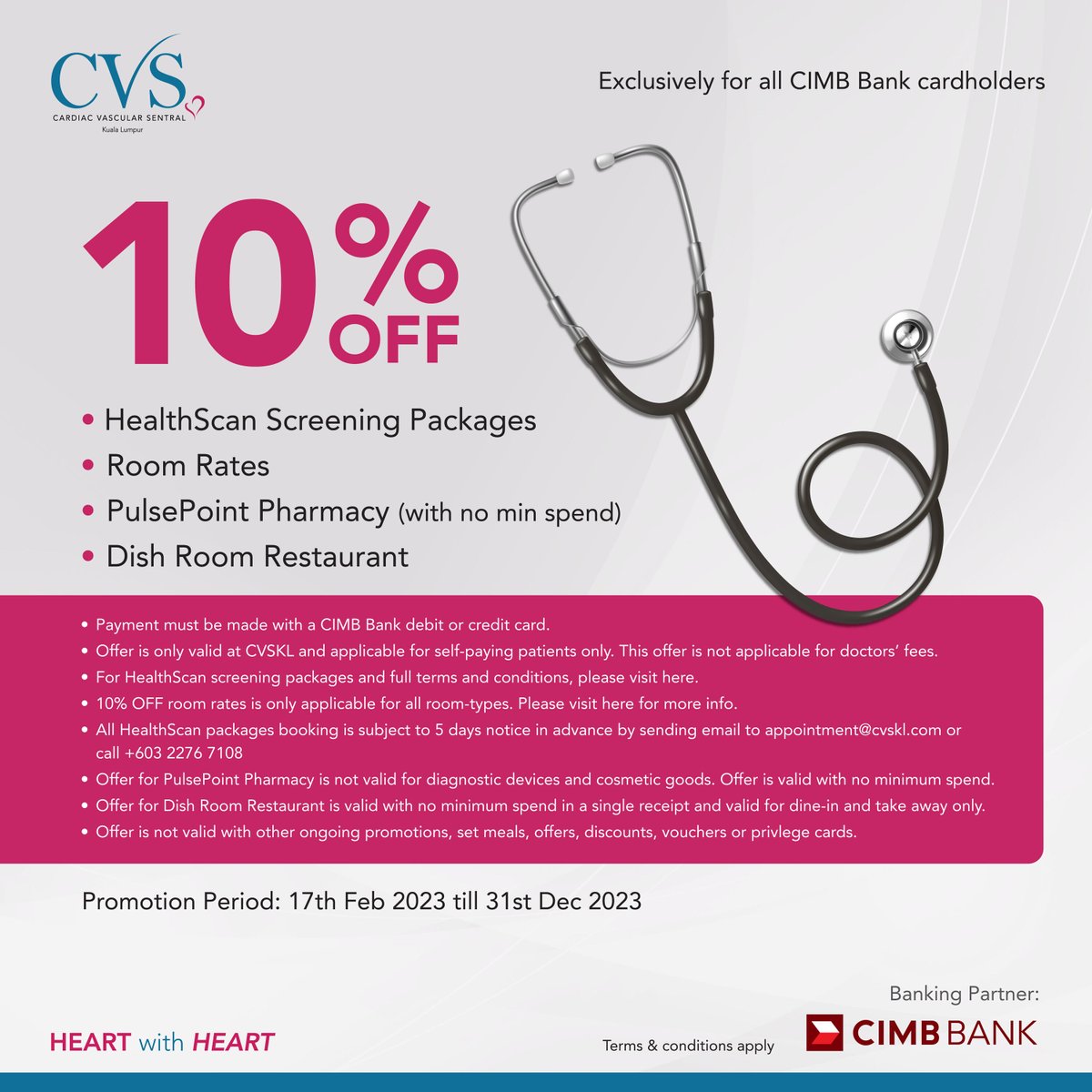 cvs_kl's tweet photo. Have a @CIMBMalaysia Bank card? You're in luck! #CVSKL is offering an exclusive 10% discount to all CIMB cardholders. Don't miss out on this opportunity to check on your #HeartHealth!  

#KnowYourOptions #KLSentral #KualaLumpur #Malaysia #Hospital #Cardiology #CIMB #CIMBForward https://t.co/7SVBEAEyq4