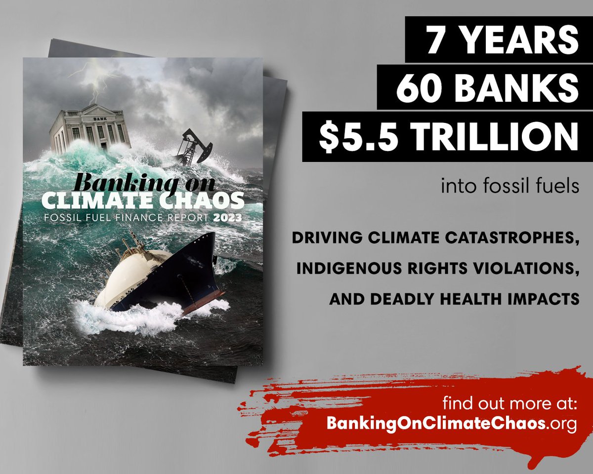 bmcushing's tweet photo. ⚠️ BREAKING: The latest annual #BankingOnClimateChaos report shows the world's biggest banks poured *$5.5 TRILLION* into fossil fuels since 2016 — and the top 🇺🇸 banks have done the most damage in the 7 years since the Paris Agreement.

Learn more here 👉 https://t.co/94gjCyCG9V https://t.co/pKCE5gB1L3