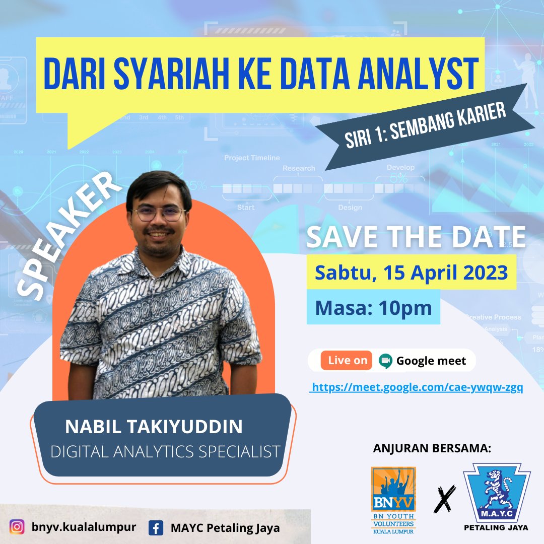 Memandangkan ada feedback dari kawan2 berkaitan dgn Data Analyst. Maka, saya invite mana2 yg berminat

Berikut adalah detail bagi sharing session ini
Tarikh: Sabtu, 15 April 2023
Masa: 10 malam (selepas terawih)
Medium: Google Meet (meet.google.com/cae-ywqw-zgq)

Save the date!
