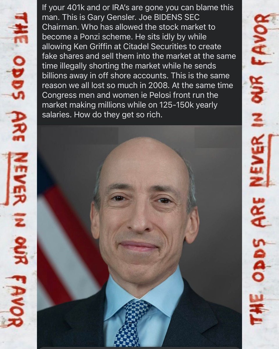 WallStreetApes's tweet photo. The stock market is the most RIGGED corrupt Ponzi scheme on earth. The largest heist on the working class in all of human history has taken place all while this piece of garbage has been in charge. @GaryGensler has done NOTHING since selected head of the @SECGov #PrisonForGary 

$AMC $APE $GME $BBBY $BBIG $DWAC $HYMC $GNS #AMC #APE #GME #GameStop