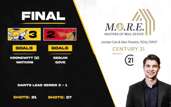 Saints win Game 4 / Game 5 North Division <a href="/TheAJHL/">TheAJHL</a> <a href="/sgsaints/">Spruce Grove Saints</a> Vs <a href="/BPontiacs/">Bonnyville Pontiacs</a> Friday 7:00 pm <a href="/grantfuhr/">Grant Fuhr</a> Arena Spruce Grove “Catch the Excitement” #Community #Proud #Saints #Nation