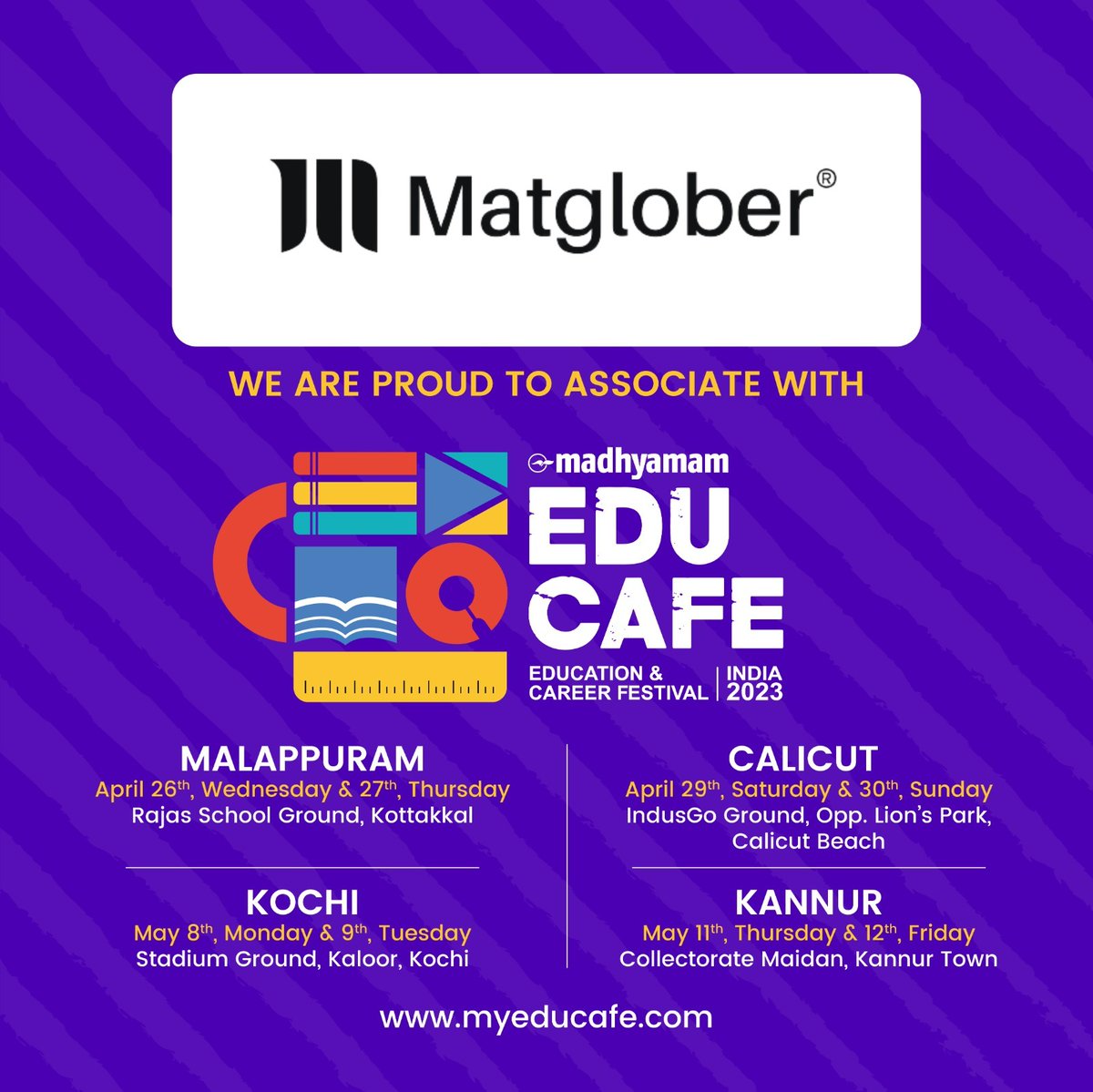 matglober's tweet photo. Madhyamam - Matglober EduCafe 2023 🎓
Educational &amp; Career Festival
.
.
.
🏛️ Malappuram - April 26th, 27th
🏛️ Calicut - April 29th, 30th
🏛️ Kochi - May 8th, 9th
🏛️ Kannur - May 11th, 12th

#educafe #matglober @madhyamam_eng https://t.co/ciCwXR8GXW