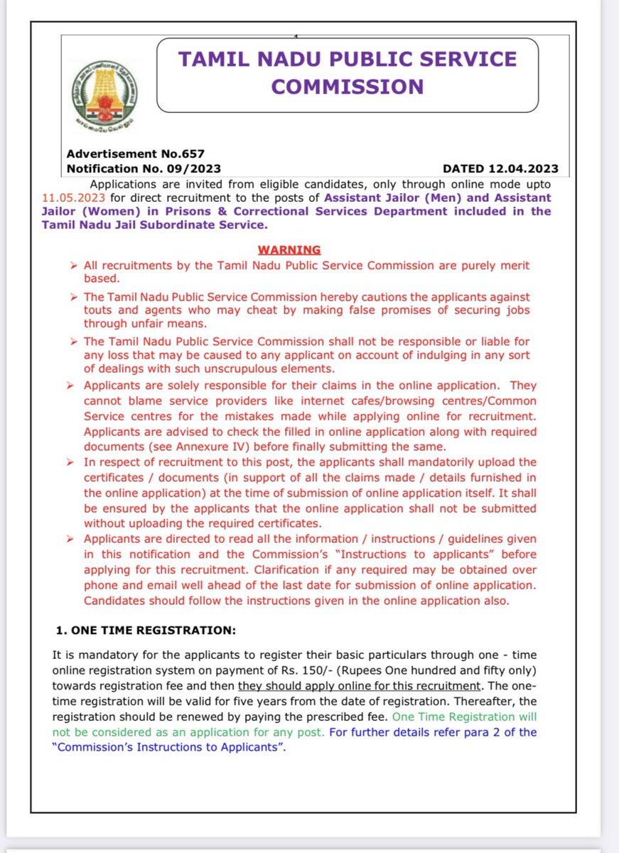 ARMTNPSC's tweet photo. #Applications invited through online mode upto 11.05.2023 for direct recruitment to the posts of #AssistantJailor (Men) & Assistant Jailor (Women) in Prisons & Correctional Services Department included in the Tamil Nadu Jail Subordinate Service. #Jailor #CorrectionalServices #TNPSC #TamilNadu #Tamilnadujobs #Jobs #Employment 
கட்டாயத் தமிழ் மொழித்தகுதி ற்றும் மதிப்பீட்டுத் தேர்வு உண்டு. The job opens up to get promoted upto #DGP 🙏🏽@TamilTheHindu