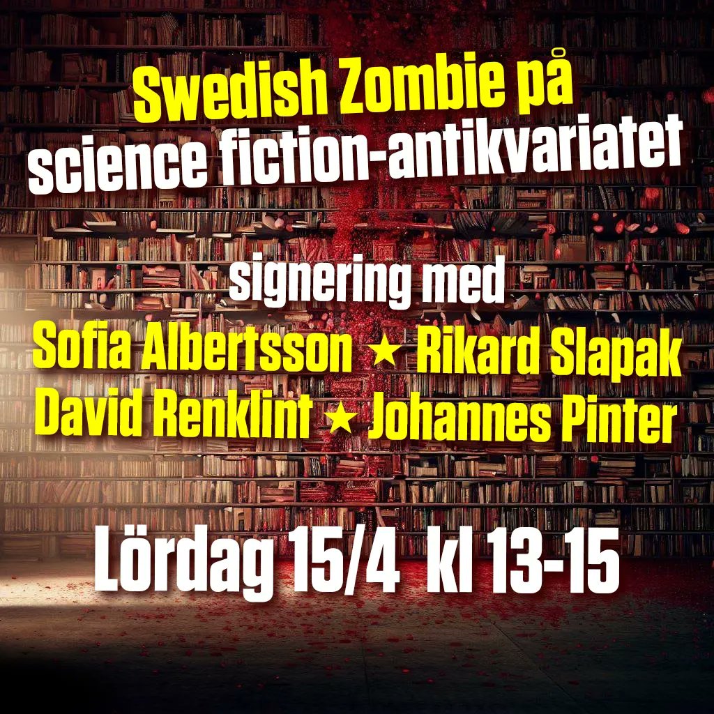 Fyra skräckförfattare besöker Stockholms Science Fiction-antikvariat på lördag mellan kl. 13-15. Kom förbi, ta en kaffe, snacka skräck och köp signerade böcker. Välkomna!