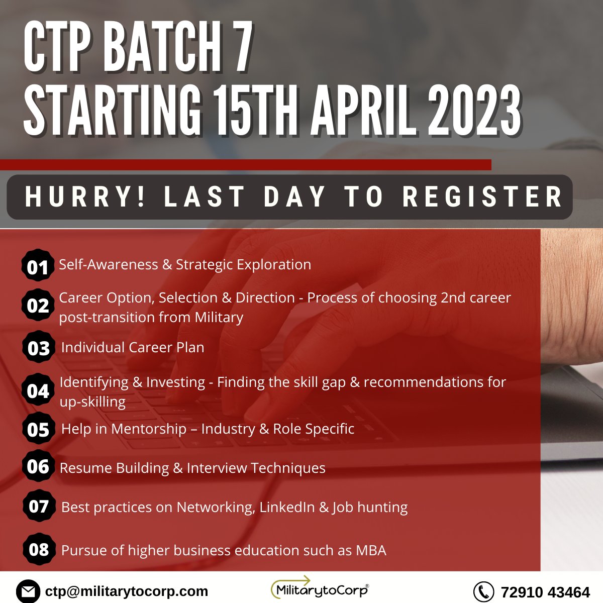🚨Hurry! Last day to register for CTP Batch 7

Career Transition Program #CTPbyM2C has proven to be informative and resourceful guidance to transitioning military leaders.

#careertransition #careertransitions
#careertransitioning #militarytransition #transitioningmilitary